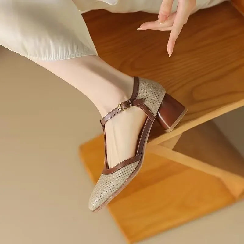 Women's T-Strap Block Heel Shoes Square Toe Mid Heel Pumps – Zalumo