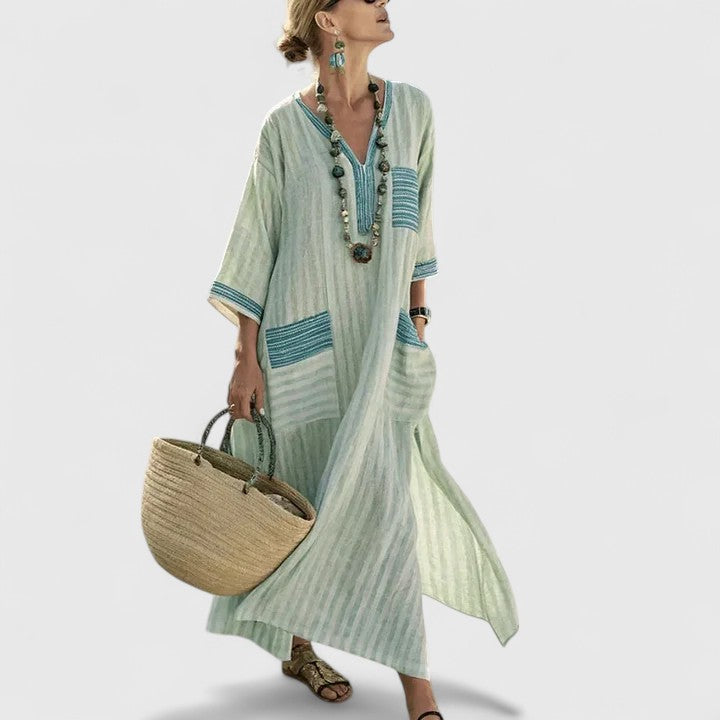 Women's V-Neck Striped Linen Maxi Dress with Pockets – Zalumo