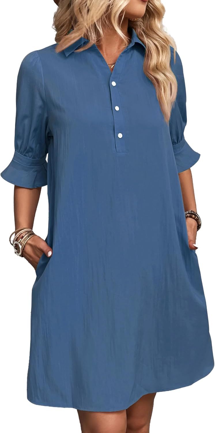 Women's Button-Down Shirt Dress 3/4 Sleeve Knee Length – Zalumo