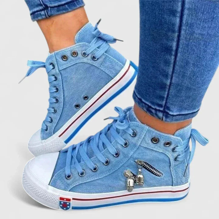 Women's Denim High Top Lace-Up Sneakers with Side Zip – Zalumo
