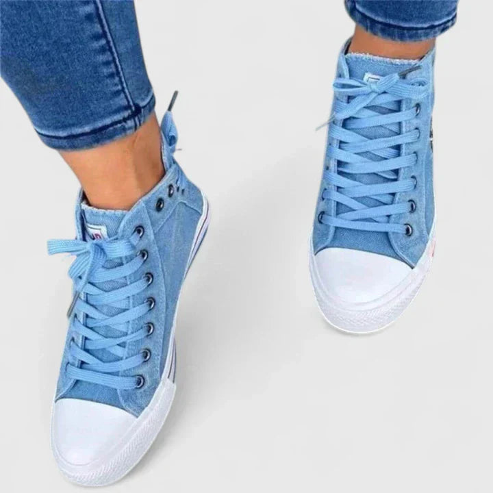 Women's Denim High Top Lace-Up Sneakers with Side Zip – Zalumo