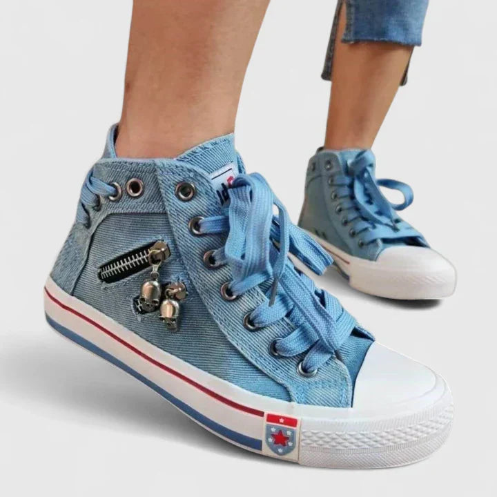 Women's Denim High Top Lace-Up Sneakers with Side Zip – Zalumo