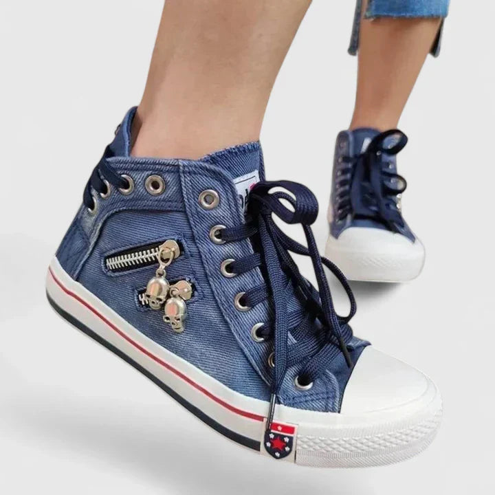 Women's Denim High Top Lace-Up Sneakers with Side Zip – Zalumo