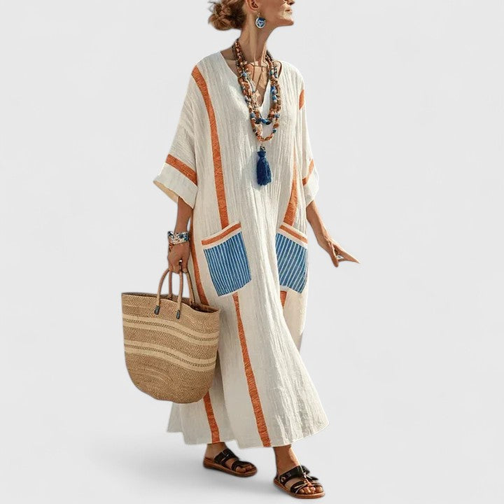 Women's V-Neck Striped Linen Maxi Dress with Pockets – Zalumo