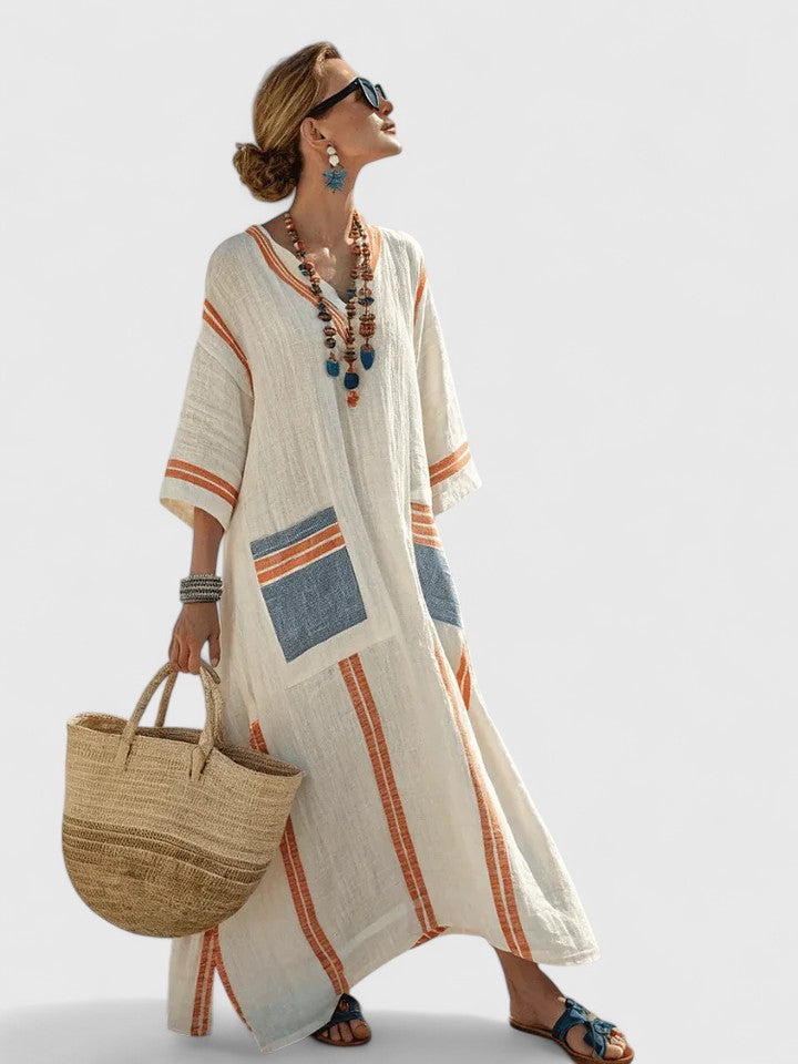 Women's V-Neck Kaftan Maxi Dress with Stripe Detail – Zalumo