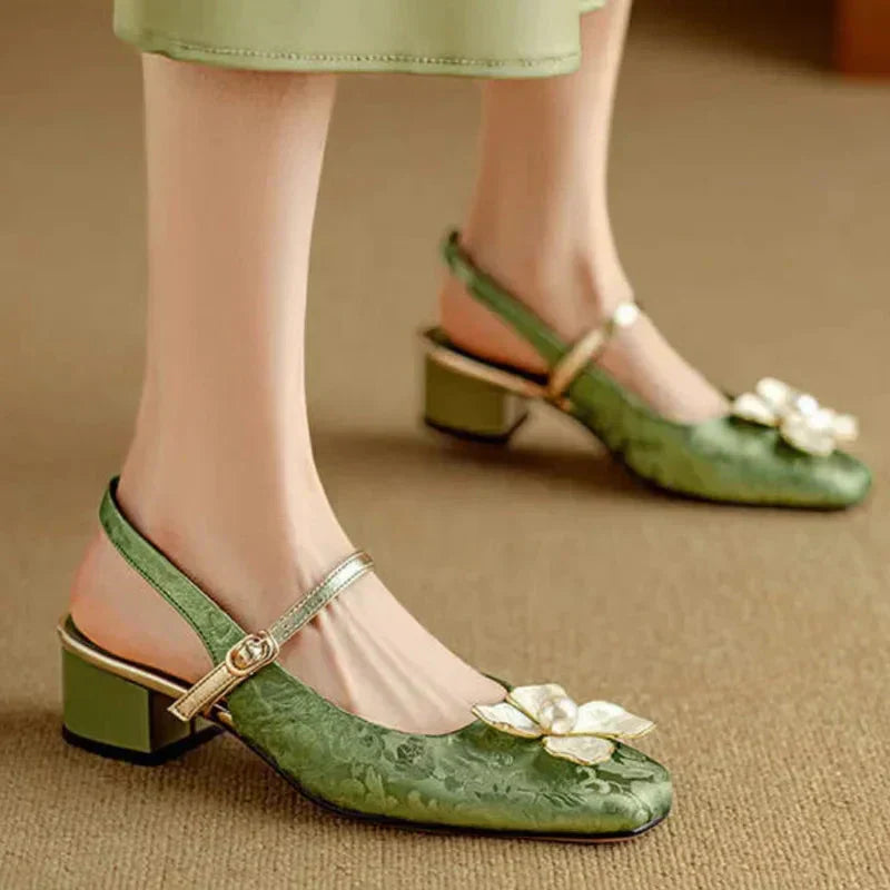 Women's Floral Slingback Pumps Square Toe Block Heel Shoes – Zalumo