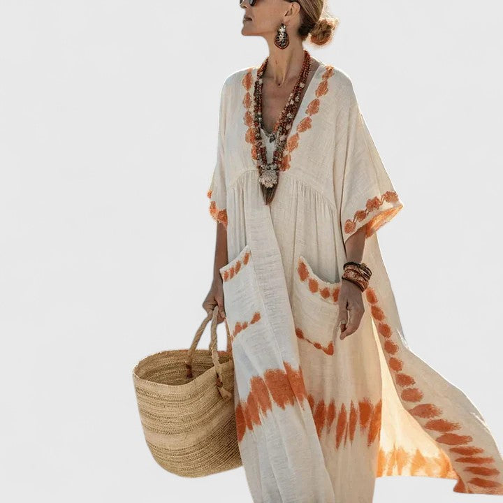 Women's V-Neck Striped Linen Maxi Dress with Pockets – Zalumo