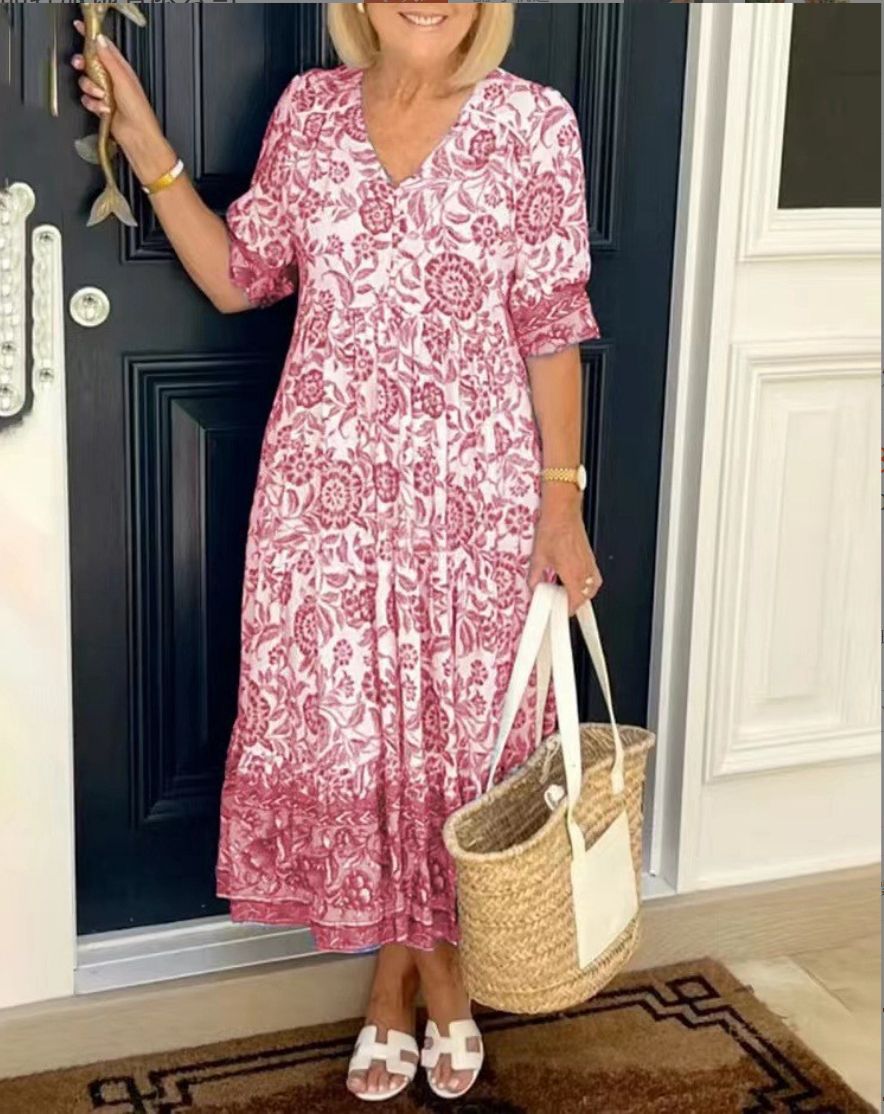 Elegant Floral Dress with V-Neck – Zalumo
