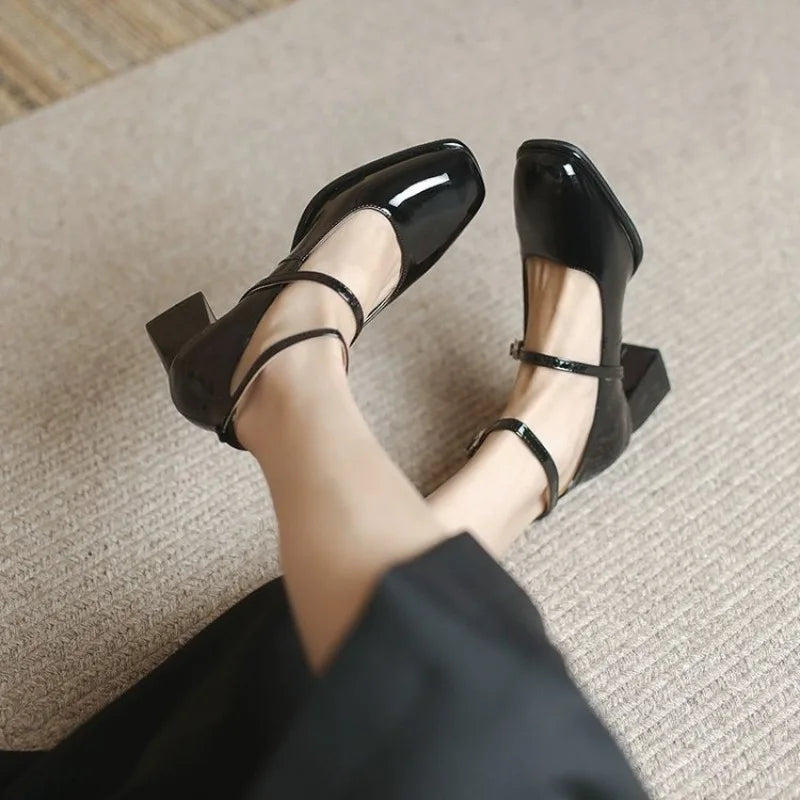 Women's Ankle Strap Block Heel Pumps Square Toe Mary Jane – Zalumo