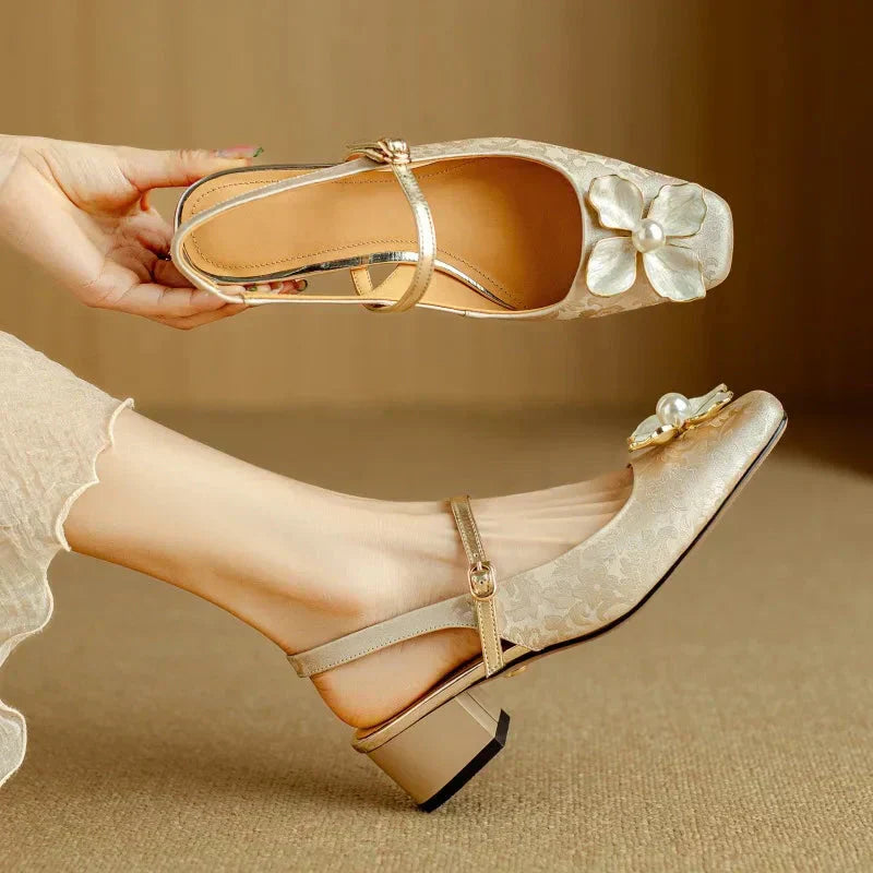 Women's Floral Slingback Pumps Square Toe Block Heel Shoes – Zalumo