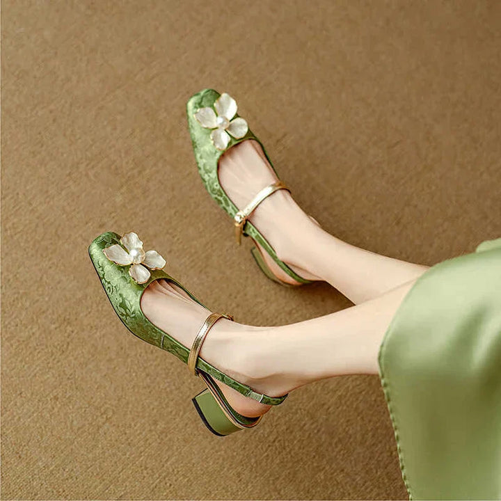 Women's Floral Slingback Pumps Square Toe Block Heel Shoes – Zalumo
