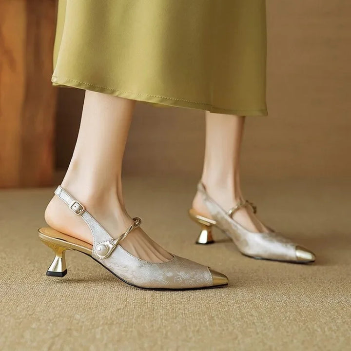 Women's Pearl Strap Slingback Kitten Heels Pointed Toe Pumps – Zalumo