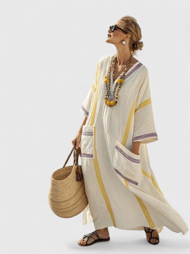 Women's V-Neck Kaftan Maxi Dress with Stripe Detail – Zalumo