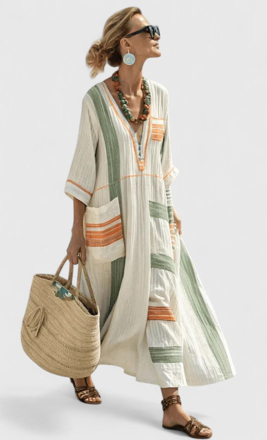 Women's V-Neck Kaftan Maxi Dress with Stripe Detail – Zalumo