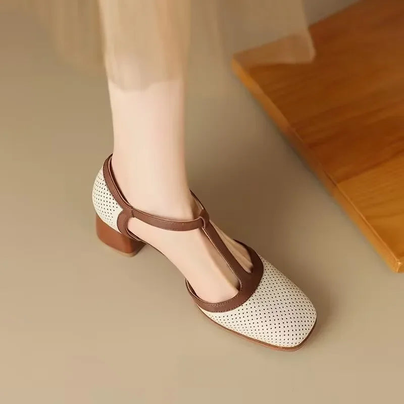Women's T-Strap Block Heel Shoes Square Toe Mid Heel Pumps – Zalumo