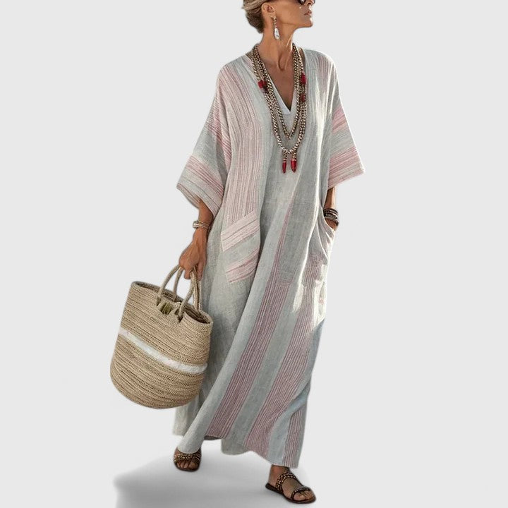 Women's V-Neck Striped Linen Maxi Dress with Pockets – Zalumo