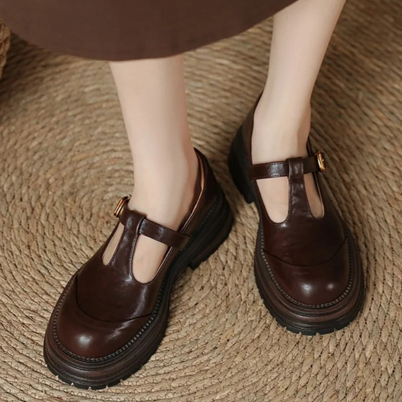 Women's T-Bar Mary Jane Shoes Round Toe Brogue Low Heel – Zalumo