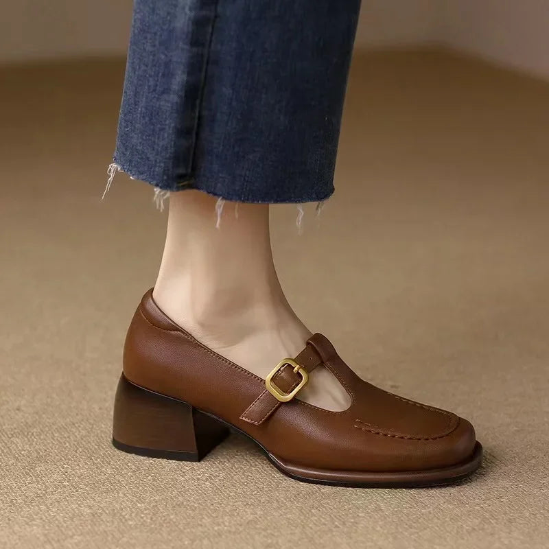 Women's T-Strap Mary Jane Shoes Square Toe Low Block Heel – Zalumo