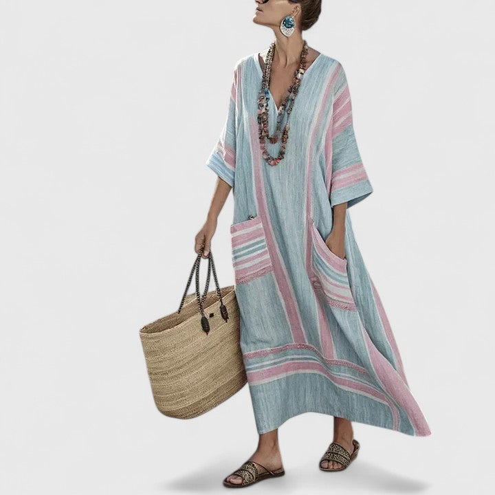 Women's V-Neck Striped Linen Maxi Dress with Pockets – Zalumo