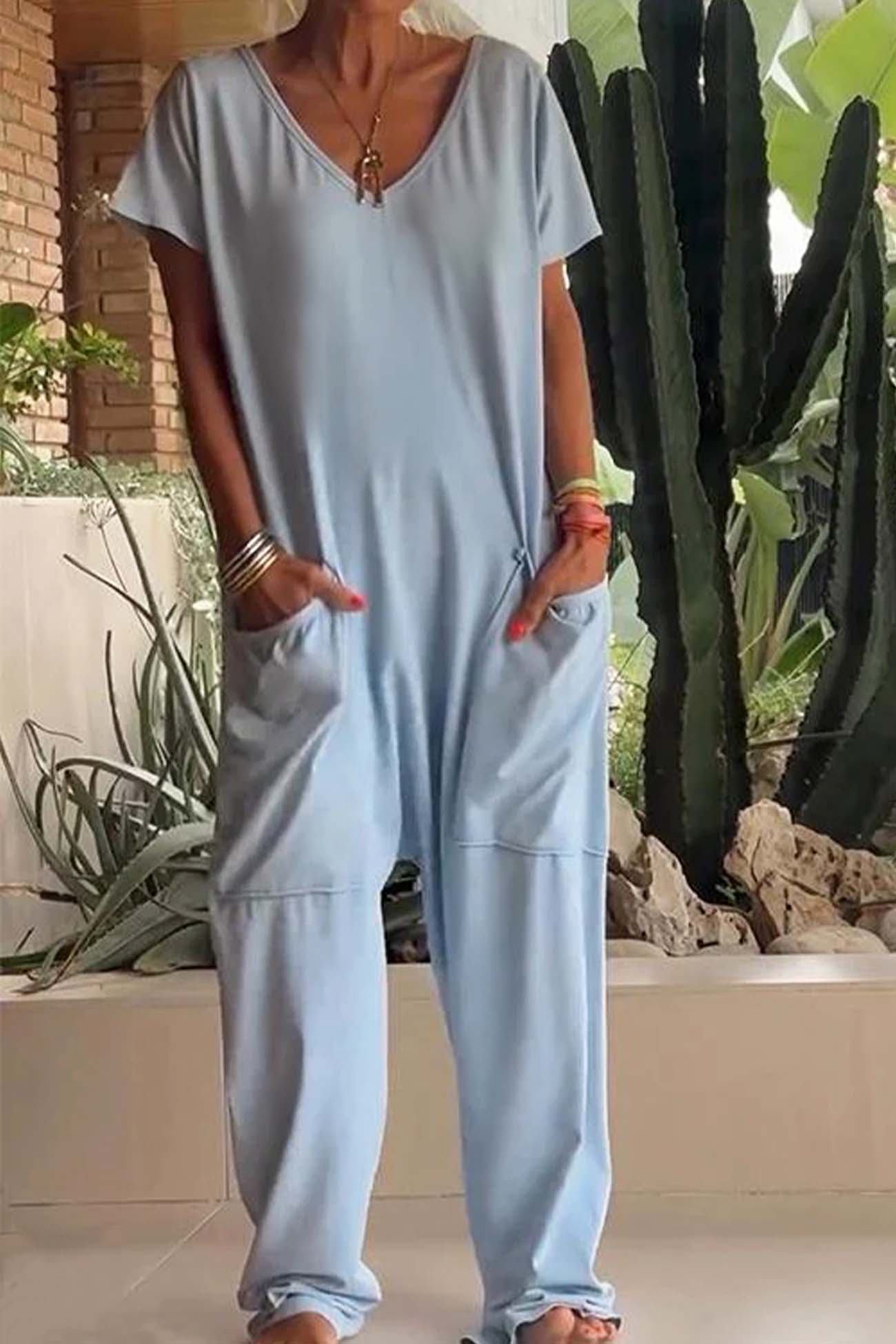 Women's V-Neck Short Sleeve Loose Jumpsuit with Pockets – Zalumo