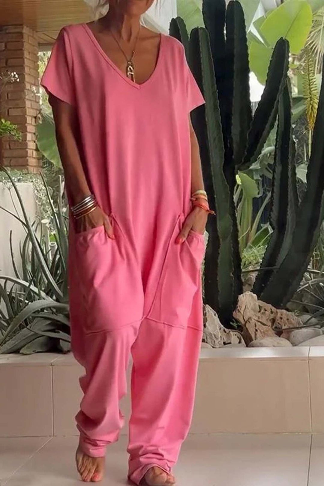 Women's V-Neck Short Sleeve Loose Jumpsuit with Pockets – Zalumo