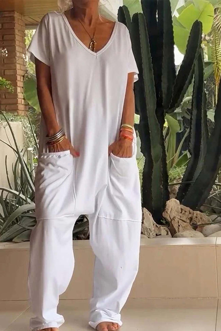 Women's V-Neck Short Sleeve Loose Jumpsuit with Pockets – Zalumo
