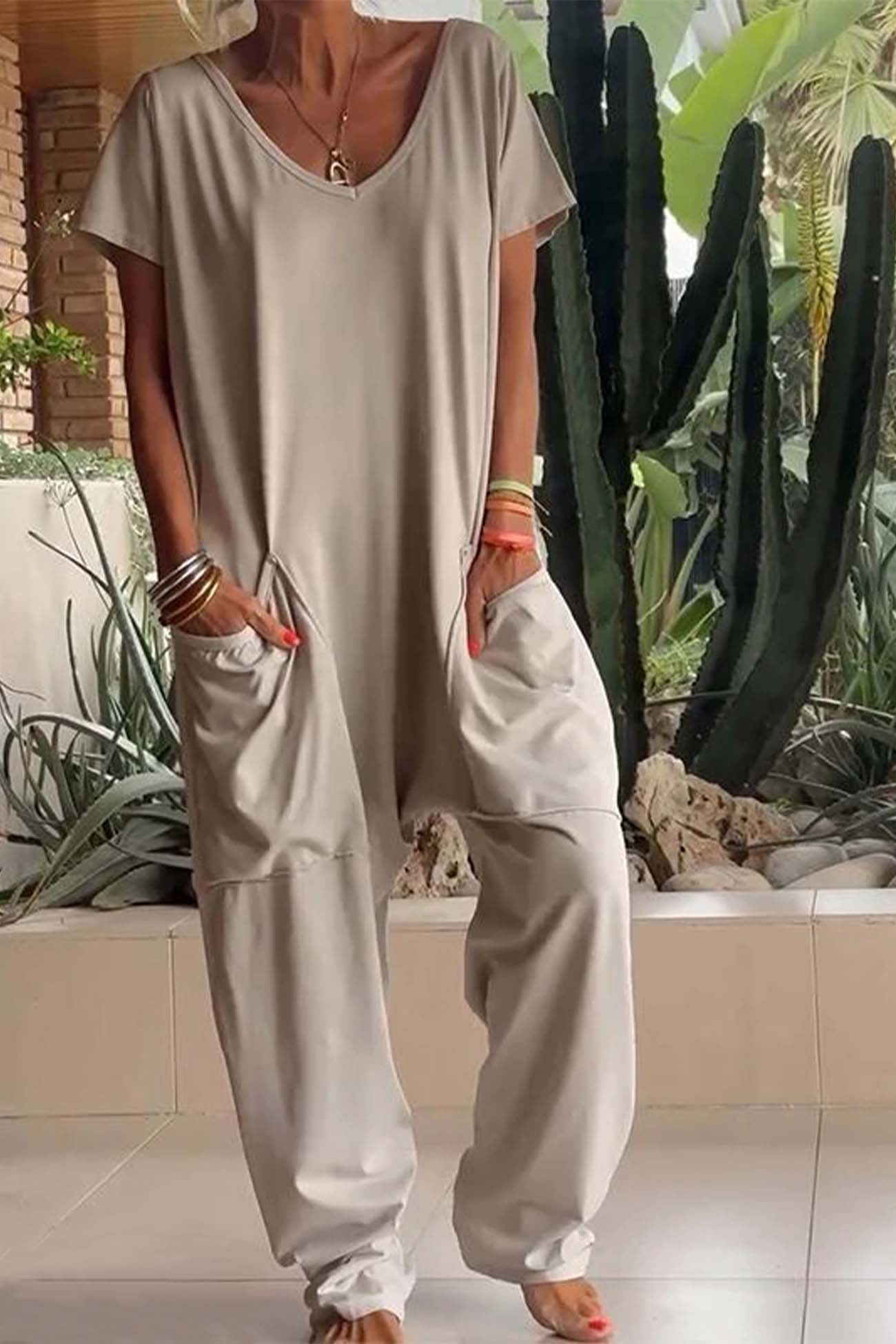 Women's V-Neck Short Sleeve Loose Jumpsuit with Pockets – Zalumo