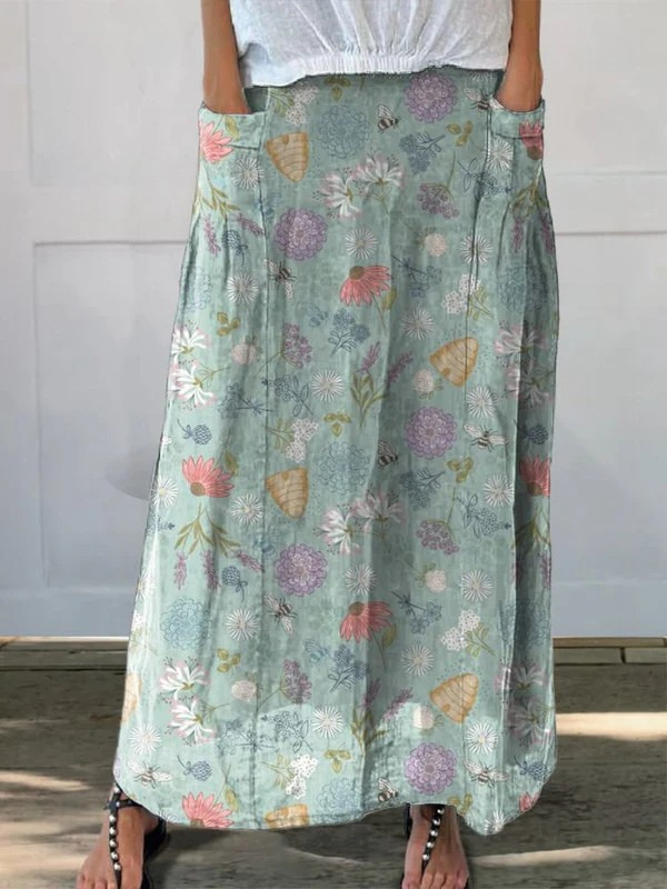 Blooming Spring Floral And Bumble Bee Pattern Printed Pocket Skirt – Zalumo