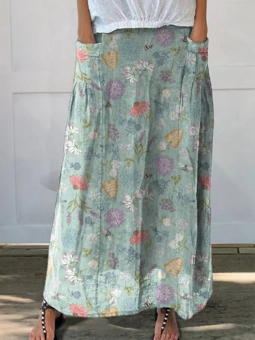 Blooming Spring Floral And Bumble Bee Pattern Printed Pocket Skirt – Zalumo