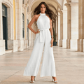 Women's Halter Neck Pleated Wide Leg Jumpsuit Belted – Zalumo