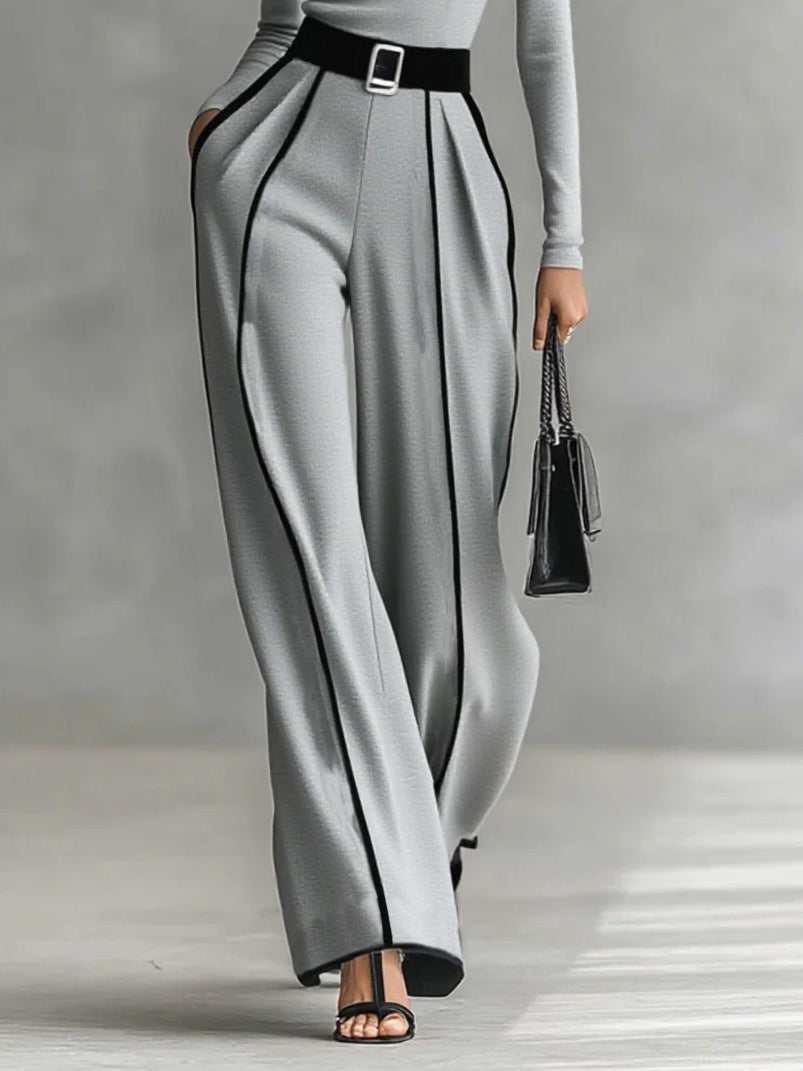 High-Neck Top & Wide-Leg Pants Set with Belt – Zalumo