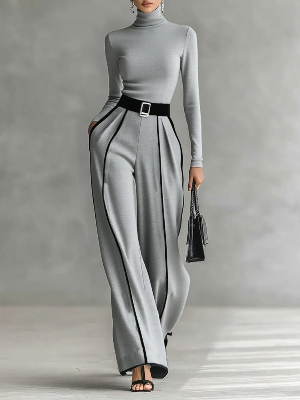 High-Neck Top & Wide-Leg Pants Set with Belt – Zalumo