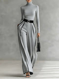 High-Neck Top & Wide-Leg Pants Set with Belt – Zalumo
