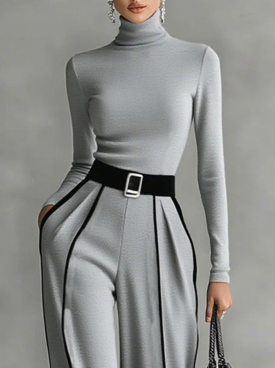 High-Neck Top & Wide-Leg Pants Set with Belt – Zalumo