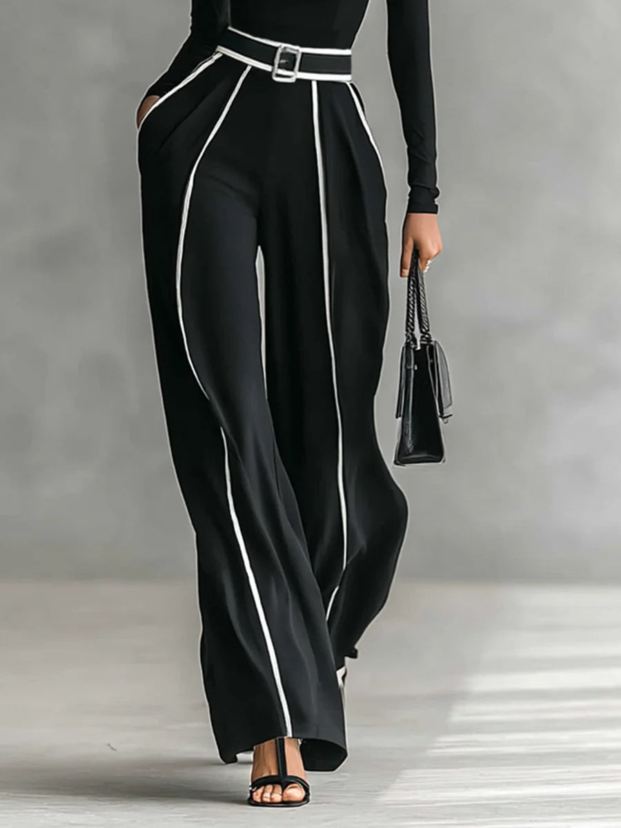 High-Neck Top & Wide-Leg Pants Set with Belt – Zalumo