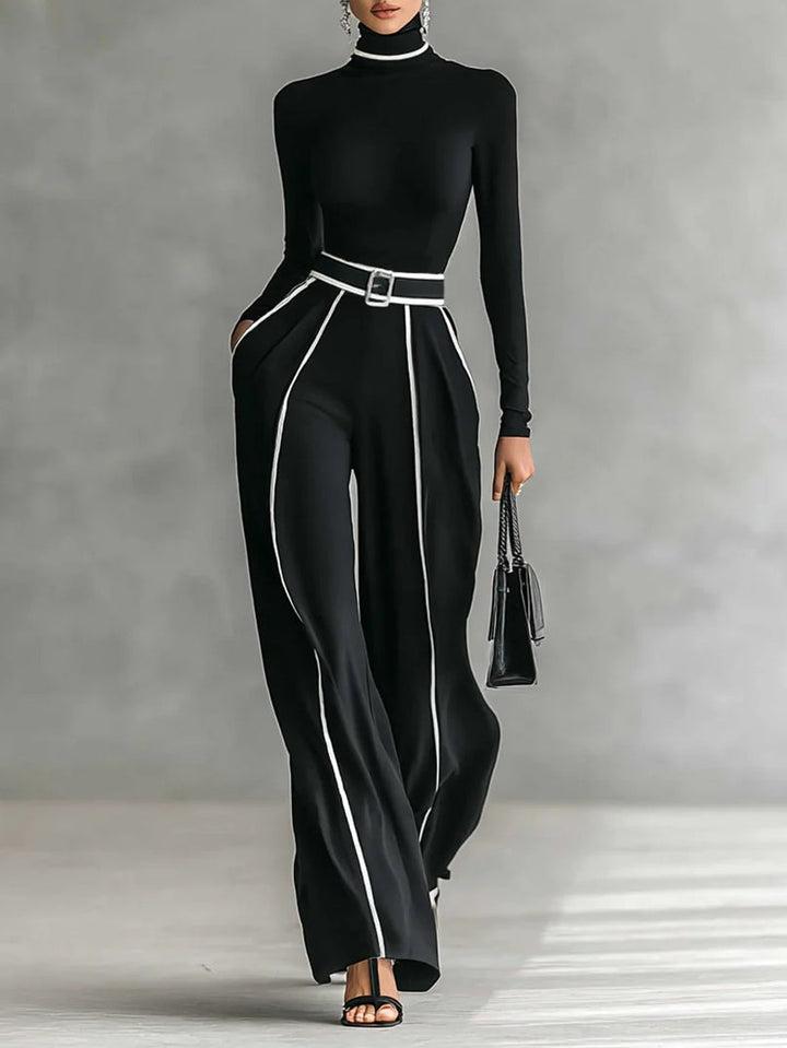 High-Neck Top & Wide-Leg Pants Set with Belt – Zalumo