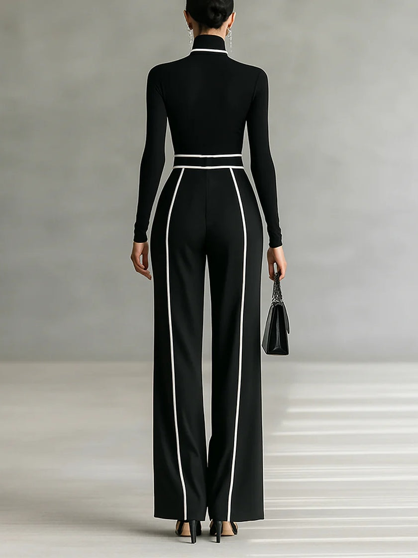 High-Neck Top & Wide-Leg Pants Set with Belt – Zalumo