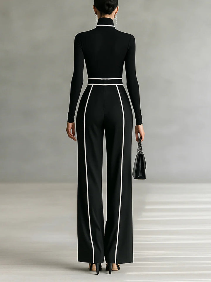 High-Neck Top & Wide-Leg Pants Set with Belt – Zalumo