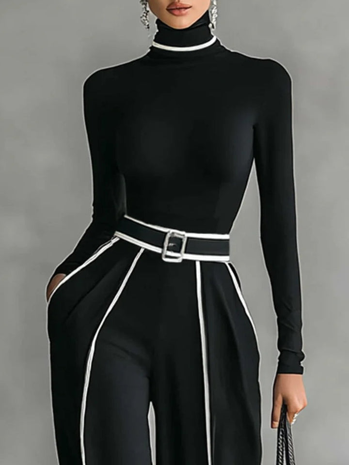 High-Neck Top & Wide-Leg Pants Set with Belt – Zalumo