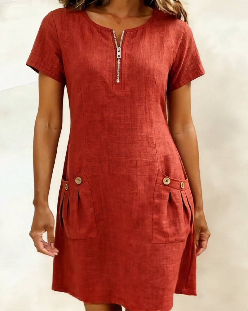 Women's Shift Dress Short Sleeve Zip Neck with Pockets – Zalumo