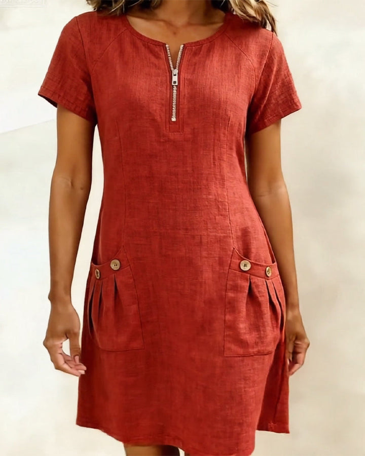 Women's Shift Dress Short Sleeve Zip Neck with Pockets – Zalumo