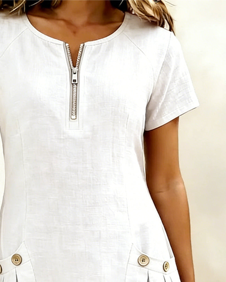 Women's Shift Dress Short Sleeve Zip Neck with Pockets – Zalumo