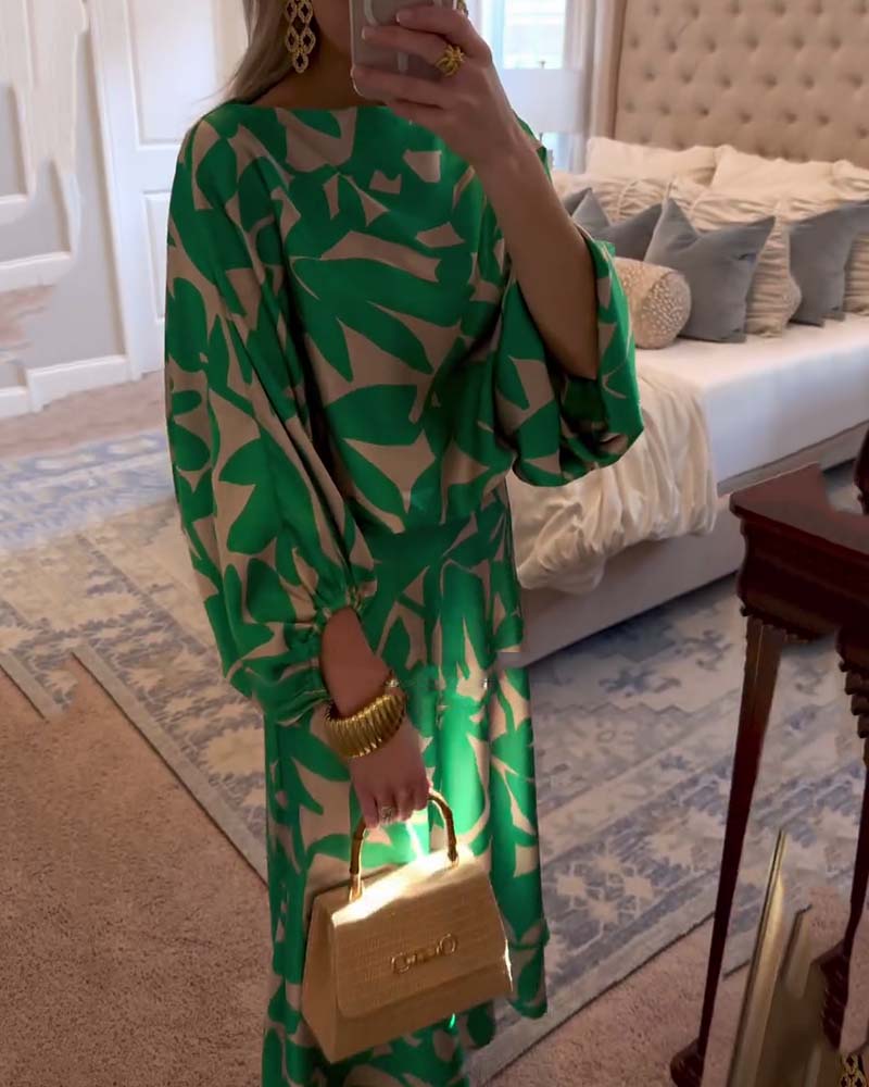 Two-Piece Printed Set with Lantern Sleeves – Zalumo