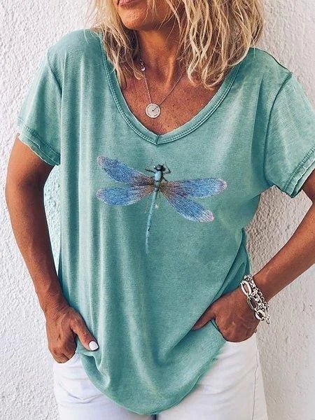 Women's Dragonfly Print V-Neck Short Sleeve Casual Tee – Zalumo