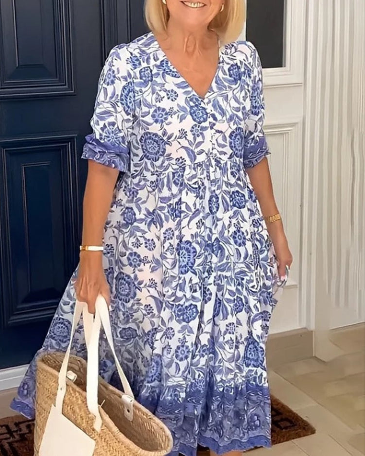 Elegant Floral Dress with V-Neck – Zalumo