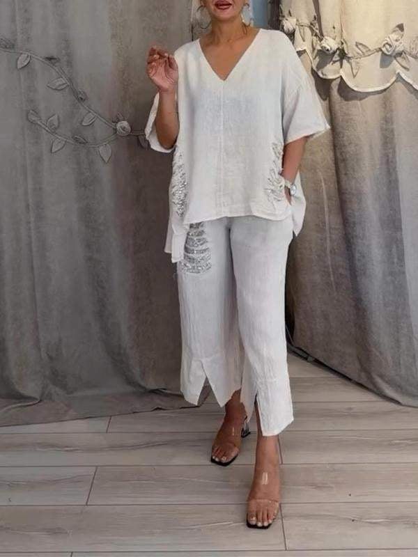 Women's Casual 2 Piece Set V-Neck Top and Cropped Pants – Zalumo