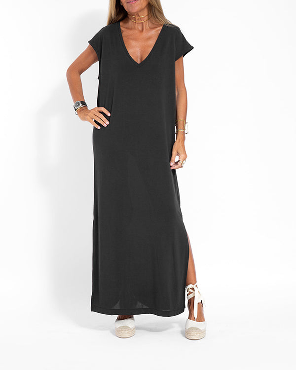 Women's V-Neck Short Sleeve Side Slit Maxi Dress – Zalumo