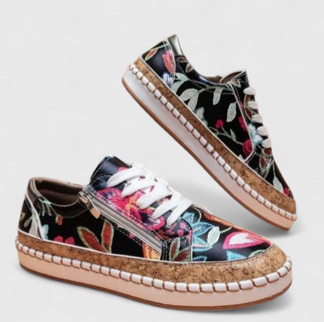Women's Floral Print Platform Lace-Up Sneakers with Cork Sole – Zalumo