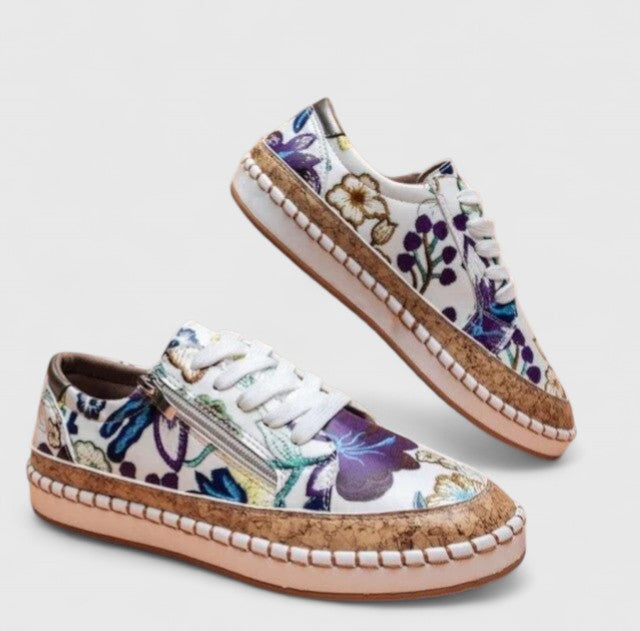 Women's Floral Print Platform Lace-Up Sneakers with Cork Sole – Zalumo