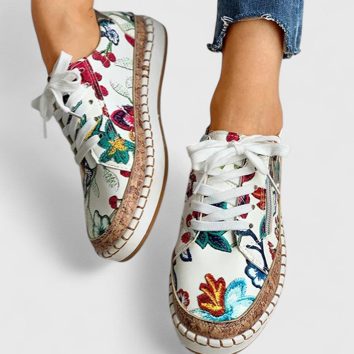 Women's Floral Print Platform Lace-Up Sneakers with Cork Sole – Zalumo
